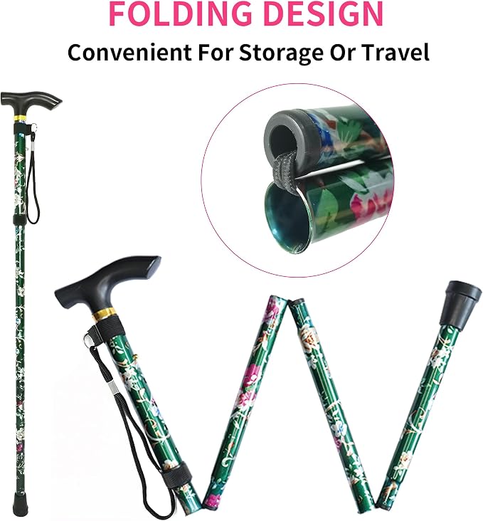 Folding Canes for Men and Women, Floral | 5-Level Adjustable Height, Lightweight Collapsible, Aluminum, Wrist Strap, T Handle, Walking Sticks for Seniors Adults