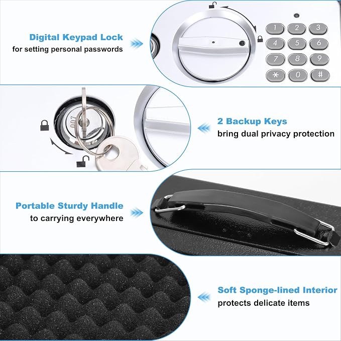 KYODOLED Safe Box with Digital Keypad Lock, Lock Box with Code for Personal Items, Metal Security Box for Cash, Passport, Jewelry, Ideal for Home, Office, Garage Sale, 11.8'' x 9.4'' x 3.5'', Black