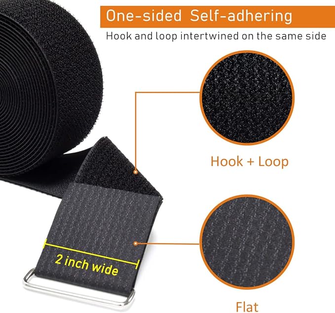 YMCRLUX 2"x16ft Reusable Cinch Strap with 10 Metal Buckles, Cut-to-Length Fastening Securing Straps, Adjustable Nylon Cable Straps and Cord Ties for Organizer or Storage, 2 inch Wide, Black