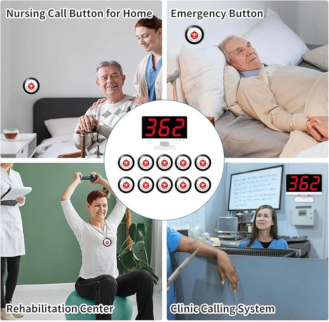 Wireless Caregiver Pager with 10 Waterproof Emergency Call Buttons - 1000FT, Medical Alert Systems for Seniors with 1 Display Receiver for Home Clinic Nurses Station Hospicecare Facility