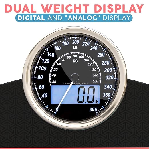 Hybrid Bathroom Scale - Analog & Digital Display, Accurate to 400 lbs | See weight on both an analog dial and digital LCD at once. Wide glass platform, accurate to 0.2 lbs, batteries included.