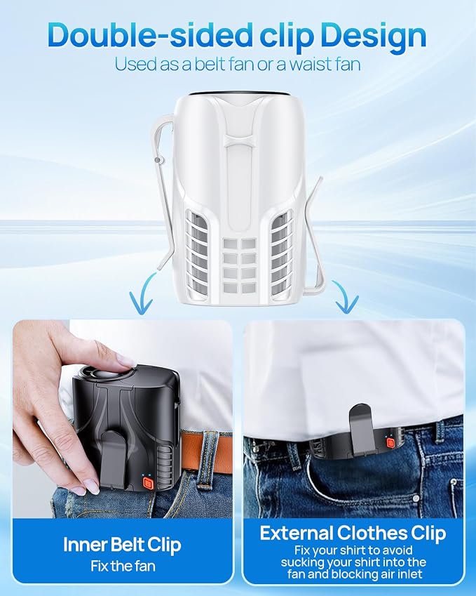 Portable Personal Waist Fan& Neck Fan, 14000RPM Brushless Motor, 40H Runtime Rechargeable, 6-Speed Quiet Operation, Clip-On Personal Body Cooling for Camping/Worksites/Outdoor