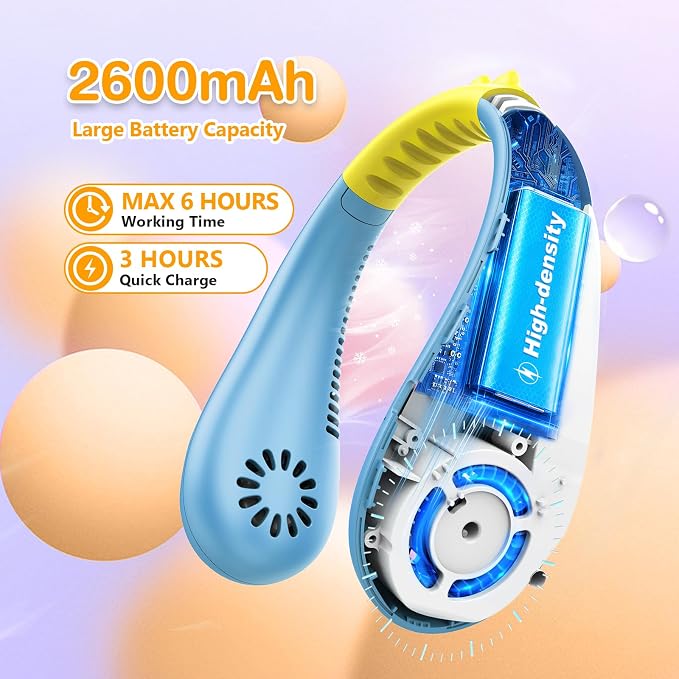 Kids Neck Fan, Portable Bladeless Fans for Kid 4-14Y Girls & Boys, 2600mAh USB Personal Mini Cooling Fan for Travel/Camping/Study, 4 Speeds, Lightweight, Compact, Perfect Summer Gifts for Kids