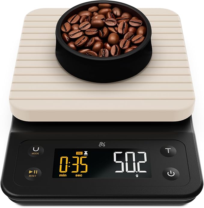 Greater Goods Coffee Scale with Timer, 0.1g Precision Digital Espresso & Pour Over Scale for Chemex, V60, Drip & Matcha Weighing, Waterproof Silicone Cover, 6.6lb Barista Brew Capacity (Birch White)