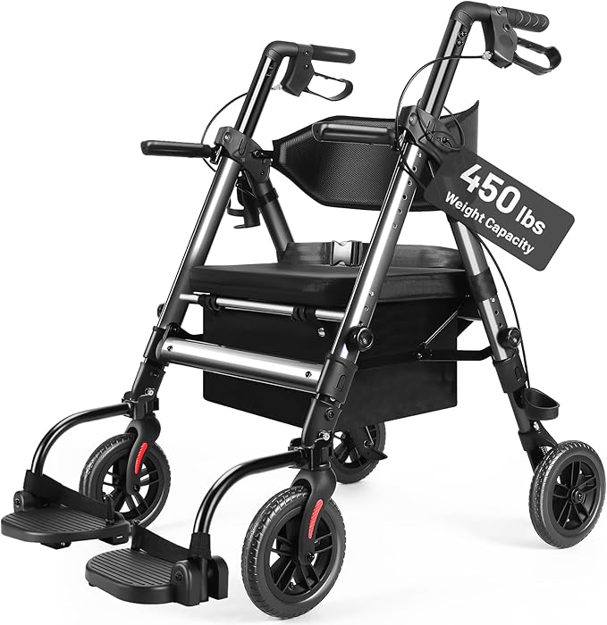 Heavy Duty Rollator Walker for Seniors with Seat, Foldable 2 in 1 Rolling Walkers Wheelchair Combo for Adult, All Terrain Wheels, Adjustable Transport Chair with Brake, 450 lb. Weight Capacity, Grey