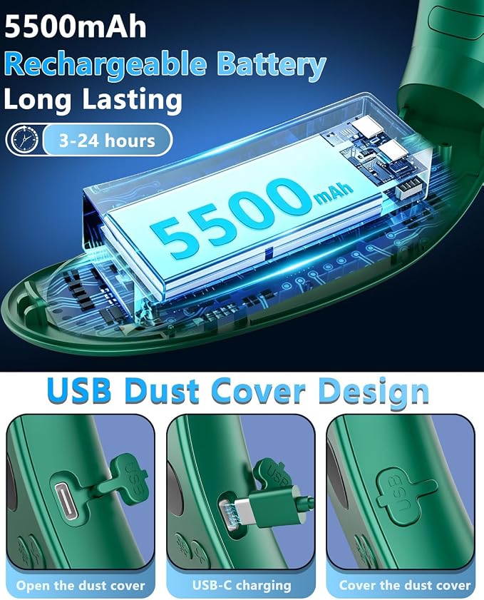 Neck Fan with Cooling Plate-24H Quiet Powerful Fans that Blow Cold Air-5 Speed&Power LED Display-USB 5500mAh Bladeless Wearable Personal AC Cooler for Women,Men,Kids,Travel,Outside,Indoor Green