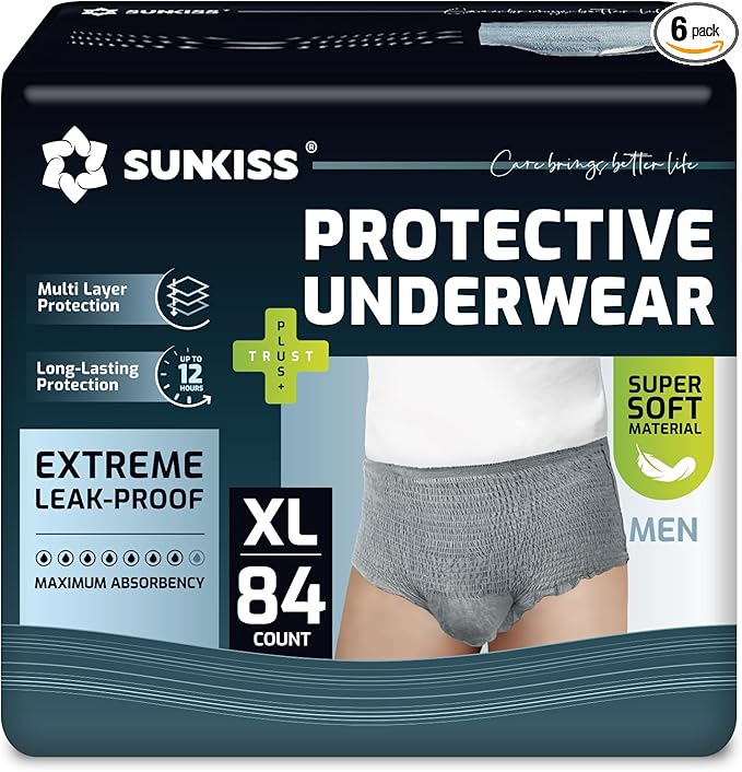 SUNKISS Incontinence Underwear for Men, Daytime Disposable Adult Pull Ups, Mens Protective Briefs with Maximum Absorbency, XLarge, Grey, 84 Count