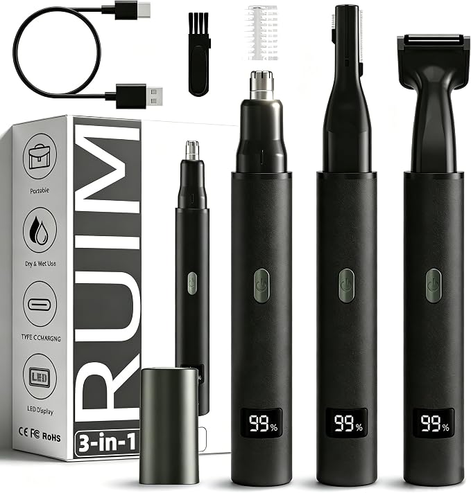 RUIM 3-in-1 Nose Hair Trimmer for Men, Electric Ear & Eyebrow Groomer with LED Display, USB-C Rechargeable, Waterproof Dual-Blade Facial Hair Trimmer, Precision Grooming Kit