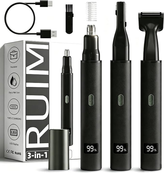 RUIM 3-in-1 Nose Hair Trimmer for Men, Electric Ear & Eyebrow Groomer with LED Display, USB-C Rechargeable, Waterproof Dual-Blade Facial Hair Trimmer, Precision Grooming Kit