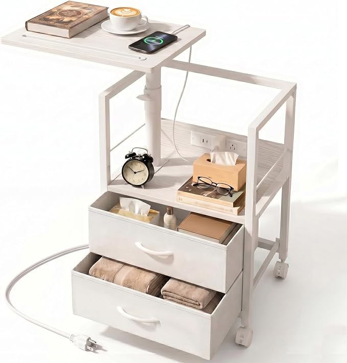 Faesun Swivel Lift Top Nightstand with Charging Station, Rolling Side Table for Recliner, Bedside Table with Wheels & 2 Fabric Drawers, for Small Spaces, for Bedroom, Living Room, White