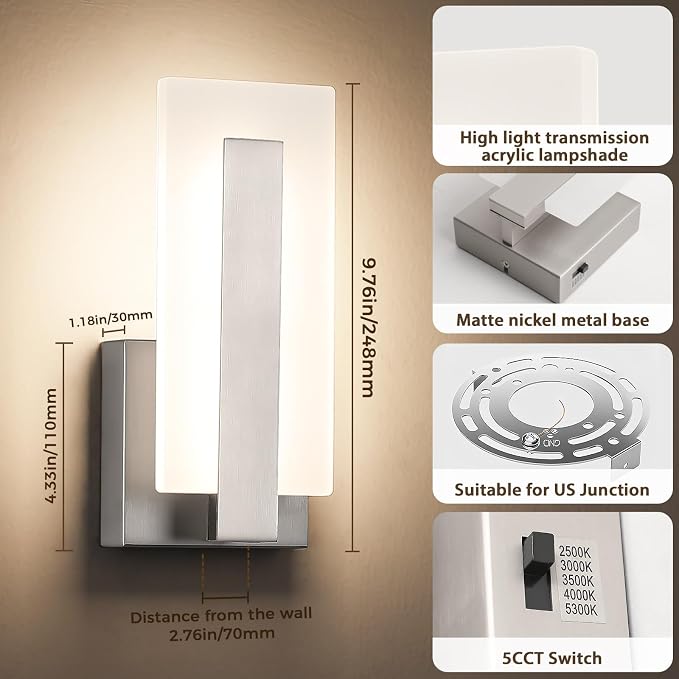 Joosenhouse Modern LED Wall Sconces, Set of Two, 5CCT Dimmable Hardwired Wall Mounted Lights, 9.76 Inch Brushed Nickel Indoor Fixtures for Hallway, Bedroom, Study, Living Room, ETL Listed