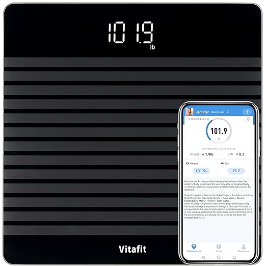 Vitafit Anti-Slip Smart Digital Bathroom Scale for Body Weight, High Accuracy Assured by Weighing Professional Since 2001, BMI with App,Black