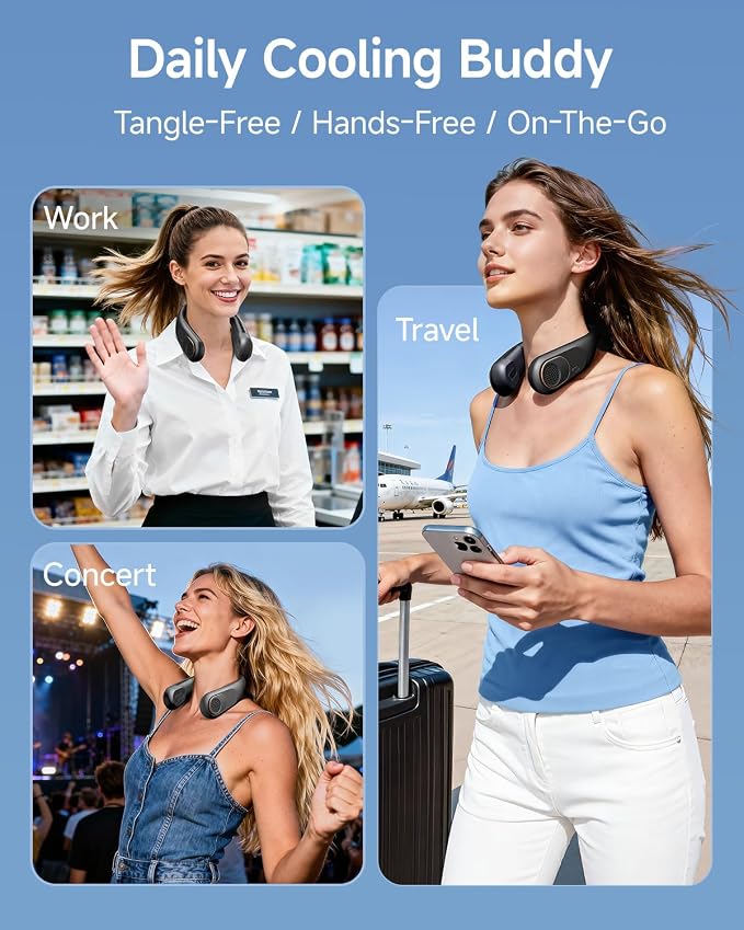 SWEETFULL Portable Neck Fan: 5200mAh Bladeless Personal Fan | 4 Speeds, 20H Max Runtime, No Hair Twist Quiet Wearable Fan for Travel | Birthday Gifts for Men Women Mom Dad