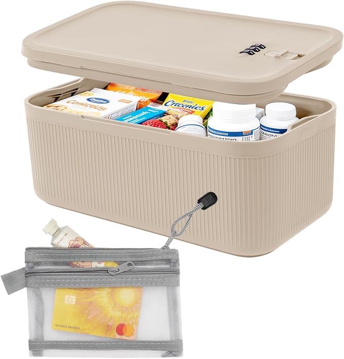 Lock Box for Medicine Small, Lockable Storage Bin with Security Lid, Small Lock Box for Pills, First Aid Kits, Snacks, Phone, Fridge, School Mesh Zipper Pouch Included