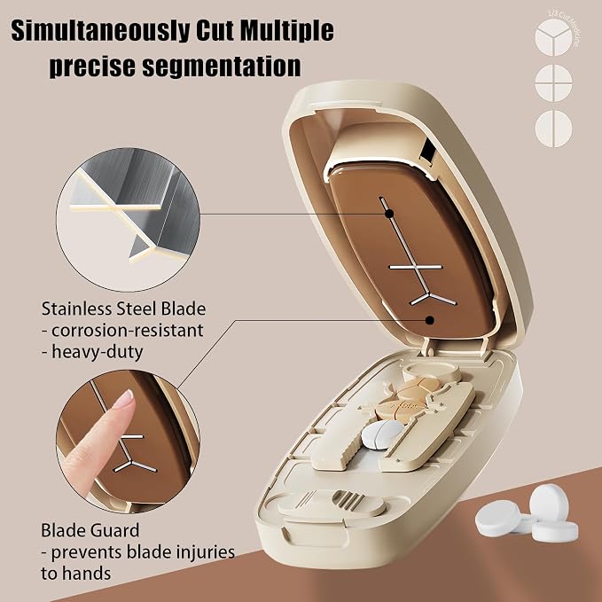 Pill Cutter Splitter for Small and Tiny Pills - Pill Cutter 1/4 - Accurately Cuts Multiple Pills - Easy Open Snap Button. Detachable Nonslip V-Shaped Pad. Wrap-Around Blade Guard. Back Storage (White)