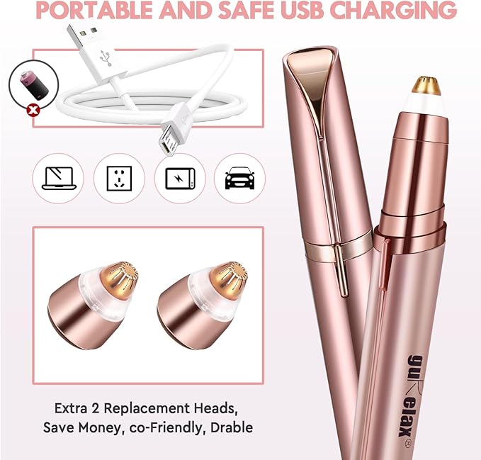 gurelax Eyebrow Trimmer for Women, Rechargeable Eyebrow Hair Remover, Painless Electric Razor with 2 x Replacement Heads,Face & Eye Brow Nose Ear Shaver Hair Removal (Rose Gold)