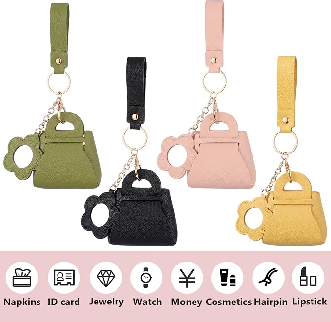 Liliaafar 4 Pcs Mini Backpack Keychain Mini Coin Purses for Women Cute PU Leather Makeup Bag with Keychain, Multi Pocket Card Holder Cable Organizer Giftable Zipper Pouch (Cute Mirror)