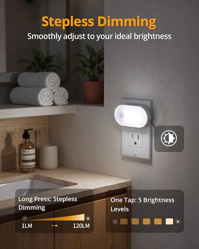 Lyridz 120LM Ultra Bright Plug-in Motion Sensor Night Light, Stepless Dimmable LED Nightlight, Always-On and Auto-Off, for Hallway, Stairs, Bathroom, Bedroom, Garage, Cool White (2-Pack)