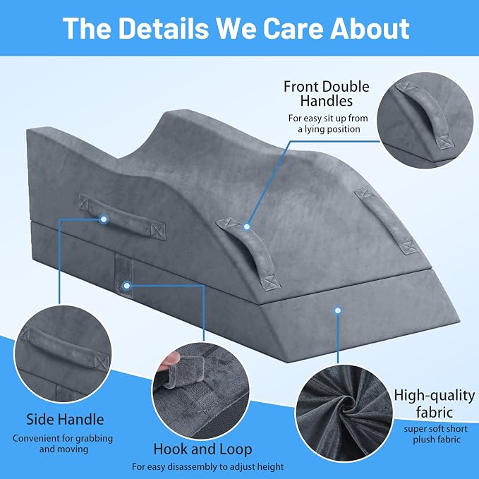 TranquilRelax Double Leg Elevation Pillows, Wedge Pillow for After Surgery, Memory Foam Support Adjustable, Comfort Care for Back Knee Hip Ankles Pain, Knee Pillow for Sleeping Blood Circulation Grey