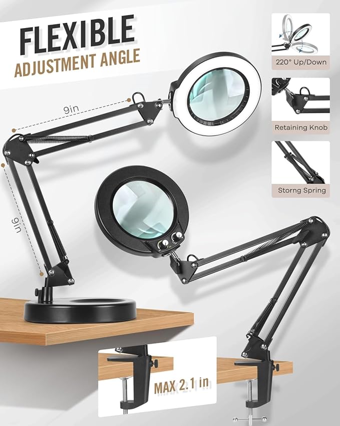 LANCOSC 12X Magnifying Glass with Light and Stand, Real Glass Lens, Switch Knob for Multi-Color Modes Dimmable, LED Lighted Desk Lamp & Clamp, Hands Free Magnifier for Repair Craft Painting Close Work