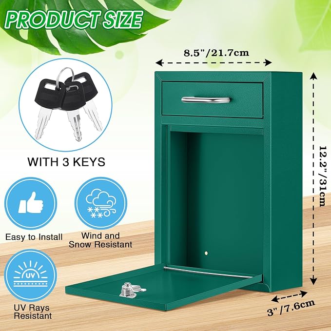Yaocom Locking Mailbox with Key for Outdoor 12.2 x 8.5 x 3 Inches Large Wall Mount Mail Box with Lock Security Mail Drop Metal Collection Boxes Hanging Secure Postbox(Green)