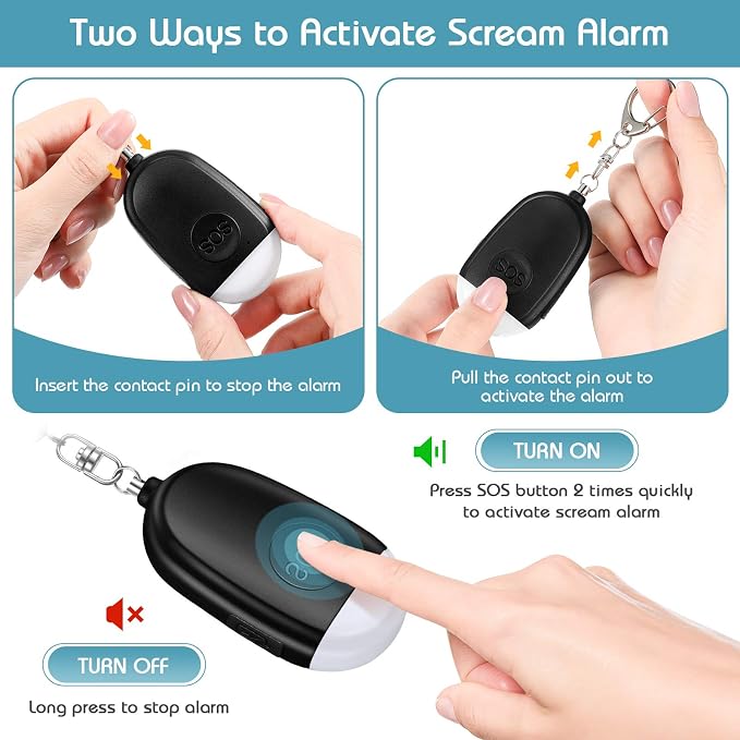 Frienda 4 Pieces Personal Security Alarm Keychain 130 dB Safety Alarm Self Siren Song Keychain with USB Rechargeable LED Flashlight for Women Kids Children Elders Men