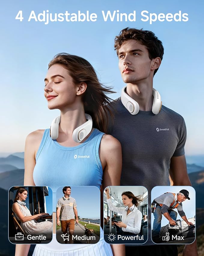 SWEETFULL Portable Neck Fan: 5200mAh Bladeless Personal Fan | 4 Speeds, 20H Max Runtime, No Hair Twist Quiet Wearable Fan for Travel | Birthday Gifts for Men Women Mom Dad
