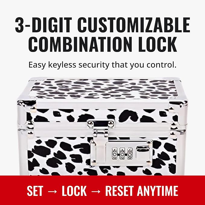 Vaultz Locking Medicine Box with Combination Lock - Secure Metal Lock Box Safe for Medication, Pills & Valuables, Small Lockbox with Code, Portable Storage Case, Leopard