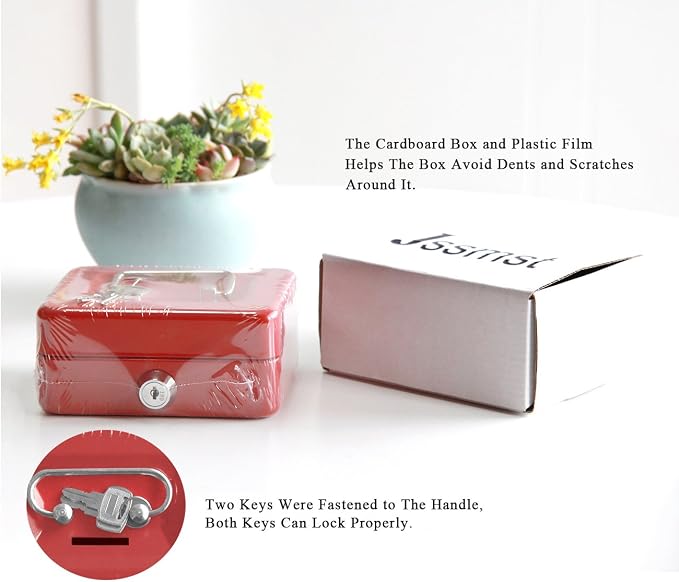 Small Cash Box with Lock and Slot - Jssmst Metal Coin Bank Piggy Bank for Adults and Kids, Red(SMCB0303N)