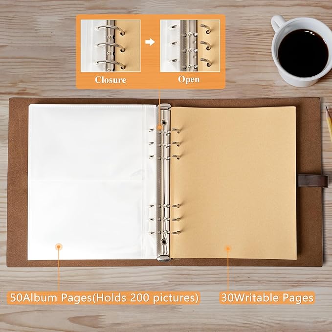 Photo Album 4x6 300 Photos, Genuine Leather Photo Albums with Writing Space with 30 Writing Paper, Travel Family Wedding Kids Graduation Ultrasound Baby Picture Album Scrapbook Photo Album Hold Hands