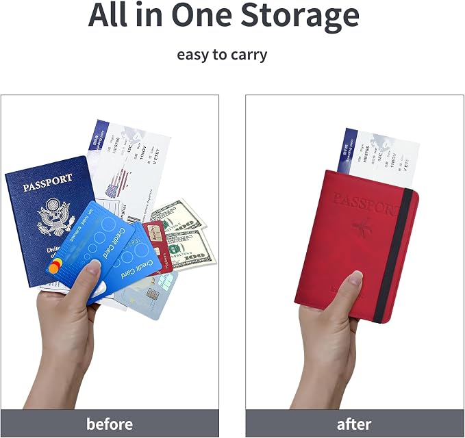 Passport Holder, Passport Cover with Credit Card Slot and Boarding Pass Slot Combo, Passport Wallet Case Book Travel Must Have, RFID Blocking Leather Travel Accessories, Red