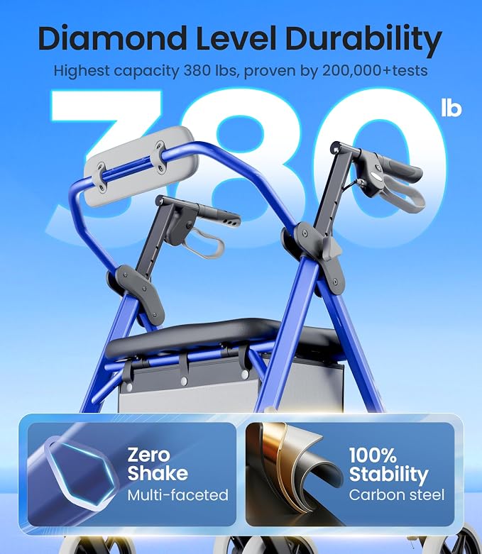 VOCIC Z11 Rollator Walker for Seniors with Seat, 380 LBS | Lightweight Design with Ergo Seat & Backrest, Height Adjustable & Easily Foldable for Seniors' Mobility, Blue