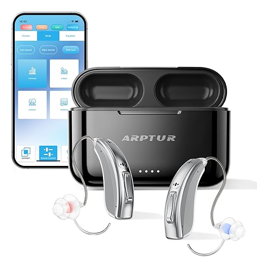 Rechargeable Bluetooth Hearing Aids for Seniors - APP Controlled, Noise Cancelling, Wireless Music Streaming, Hands-Free Phone Calls, OTC Hearing Devices (Silver Bluish Clip)