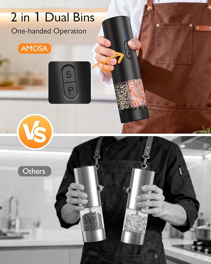 Electric Salt and Pepper Grinder Set, 2 in 1 Dual Bins USB Rechargeable Refillable Automatic Salt and Pepper Mill Shaker with LED Light, Dual Ceramic Grinder Adjustable Coarseness, kitchen gift, Black