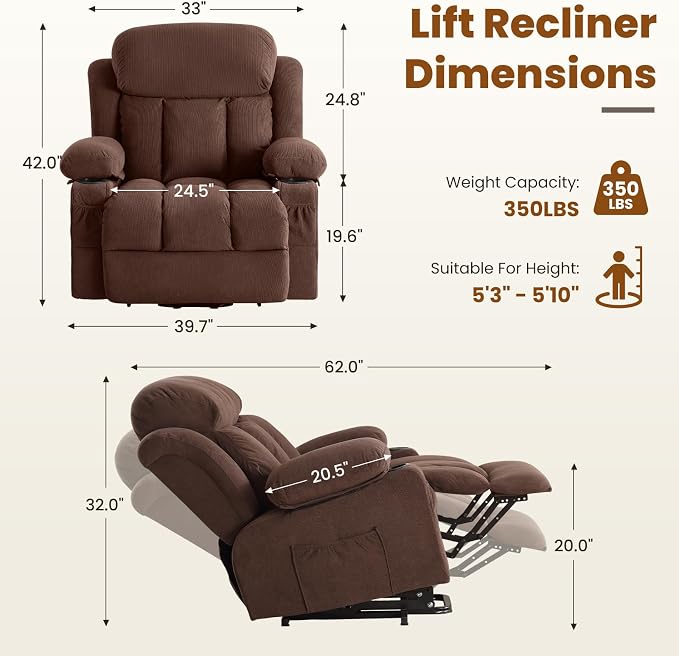 Electric Power Lift Recliner Chair Sofa with Massage and Heat for Elderly,Lift Chair with Cup Holder & Side Pockets for Living Room