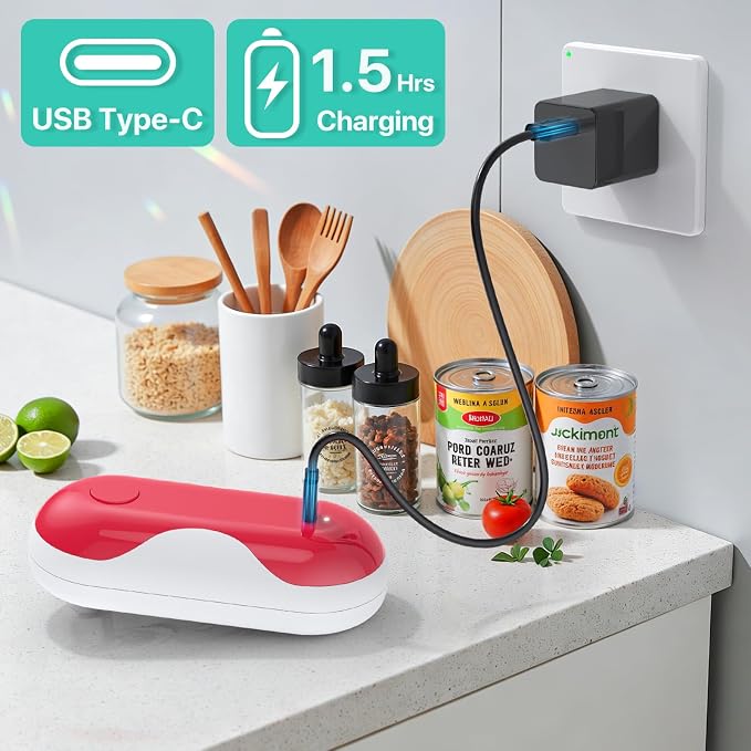 Electric Can Opener, Auto-Stop, USB-C Rechargeable, Side-Cut Smooth Edge, Hands Free Automatic Can Opener for Seniors & Arthritis Patients (Red)