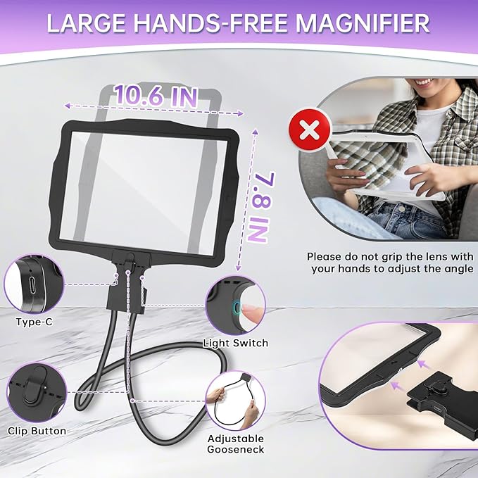 Large 10X Rechargeable Hands Free Magnifying Glass for Reading with Light | Neck Wear Magnifier with 50 Led Lights, Full Book Page,Magnifier for Seniors, Low Vision, Elderly