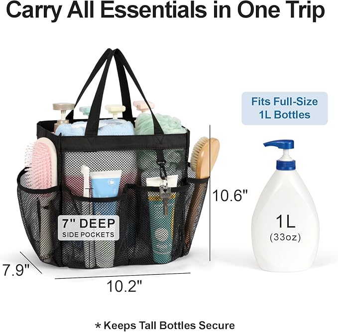 Mesh Shower Caddy Portable - 2 Packs, S-Hook, Shower Bag for Dorm Camping | 8 Pockets, 2-Handle, Quick-Dry, Toiletry Organizer, College Dorm Room Essentials for Girls, Gym, Travel & Bathroom, Black