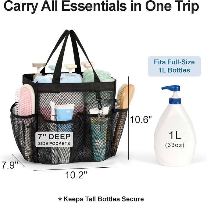 Mesh Shower Caddy Portable - 2 Packs, S-Hook, Shower Bag for Dorm Camping | 8 Pockets, 2-Handle, Quick-Dry, Hanging College Dorm Room Essentials for Girls, Gym, Travel & Bathroom, Black & Leopard