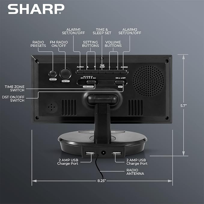 Sharp AccuSet Digital Alarm Clock, 8.9" Tilt/Swivel, FM Radio, Dual USB | 3-inch easy-read digits, 10 station presets, 3-level dimmer, 2 wake times, 9-minute snooze, CR2032 backup, mirror finish