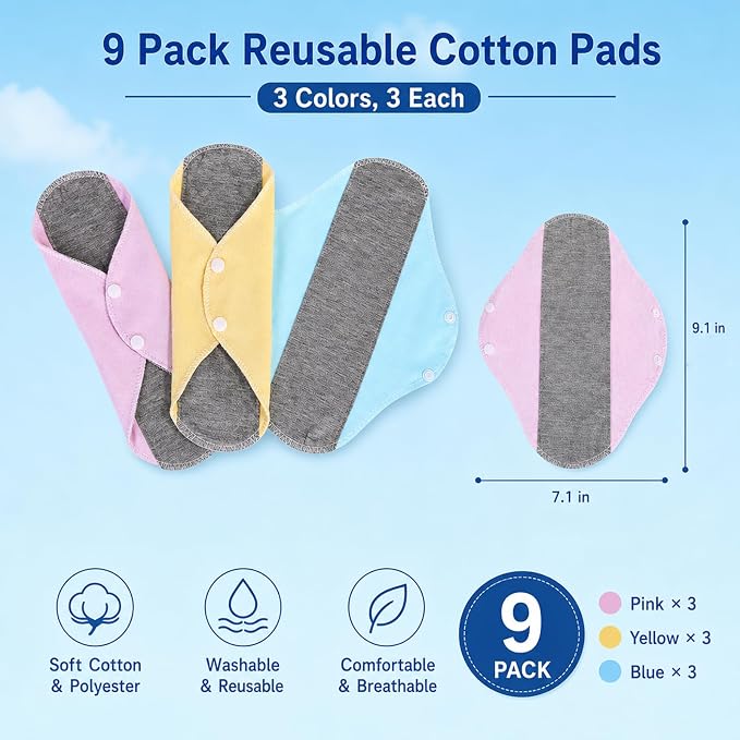 Reusable Incontinence Pads, 9-Pack Washable Cotton Bladder Leakage Protection, Heavy Flow Postpartum Recovery, Overnight Security for Active Women and Elderly Care, Polyester and Cotton Blend Fabric