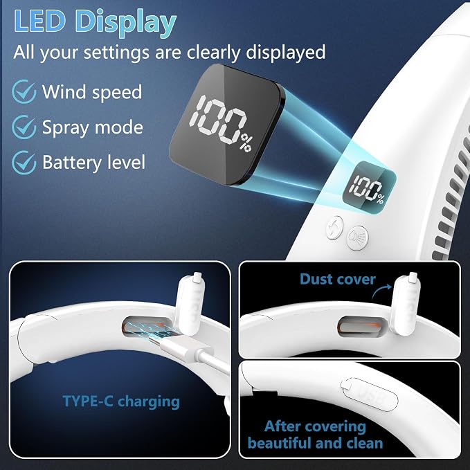 Neck Fan with Mist Spray-Neck Fans that Blow Cold Air,Folding 4000Mah Portable Personal USB Rechargeable Battery Operated Fan with Mister,Cooling Bladeless Travel Misting Fan