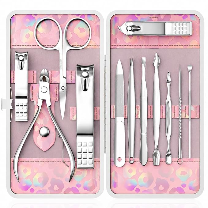 ZIZZON Nail Clippers Kit Manicure Pedicure Set with Holographic Case(Pink) | 12-Piece Set with Thicker Steel, Precision-ground Cutting Edges, and Smooth-finished Tools for Clean, Precise Trimming.