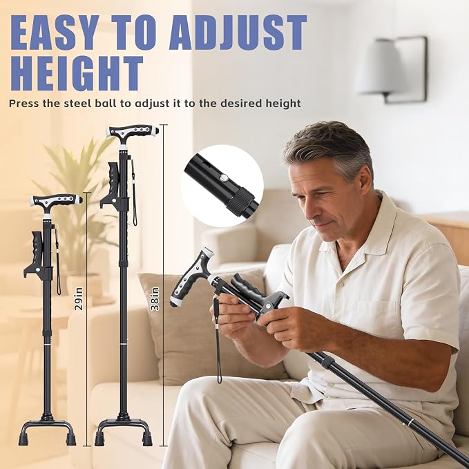 Hold 440 lbs Walking Cane for Seniors Aluminum Alloy Lightweight Height Adjustable Walking Stick Heavy Duty Foldbale Free Standing Cane with LED for Men and Women Adults