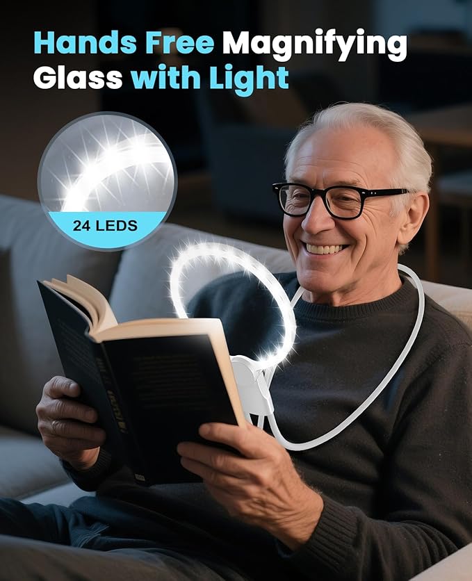 5X Hands Free Magnifying Glass with Light for Close Work,Neck Wear Magnifier for Reading Books,Sewing, Cross Stitch.Low Vision Seniors with Aging Eyes(White)