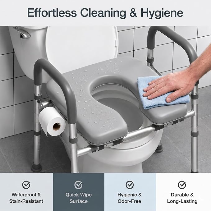 Raised Toilet Seat with Handles, Gray | Adjustable Height & Width, 400lbs Capacity, Padded, For Seniors, Disabled, Post-Surgery, Fits Most Toilets