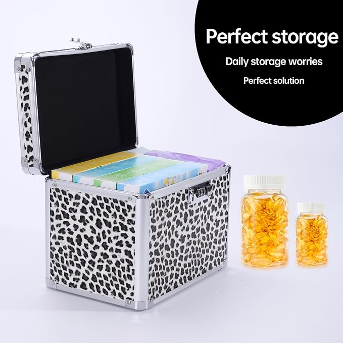 Medication Combination Lock Boxes with Code for Personal Items, Medicine Lockbox for Documents 10 x 7.25 x 7.75 Inches White Leopard