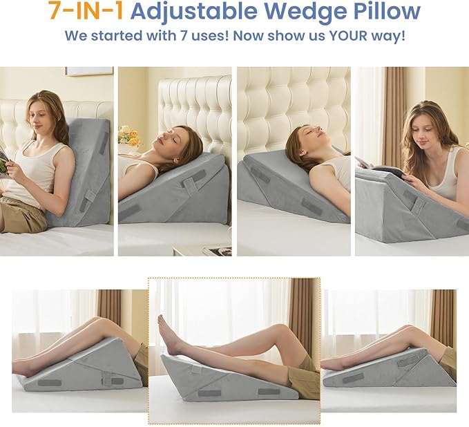 Sasttie Wedge Pillow for After Surgery, Adjustable Bed Wedge Pillow Headboard for Acid Reflux, Sleeping, Neck & Back Support, with Removable Cover, Light Grey & Velvet