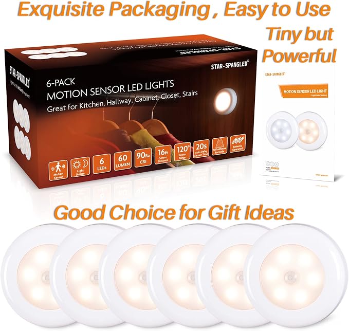 STAR-SPANGLED 2.8” LED Motion Sensor Lights Indoor AAA Battery, 6 Pack Warm | Stick on Puck Light Battery Powered, Round Motion Activated Night Lamps, For Closet Stairs Under Cabinet Kitchen Pantry Shelf