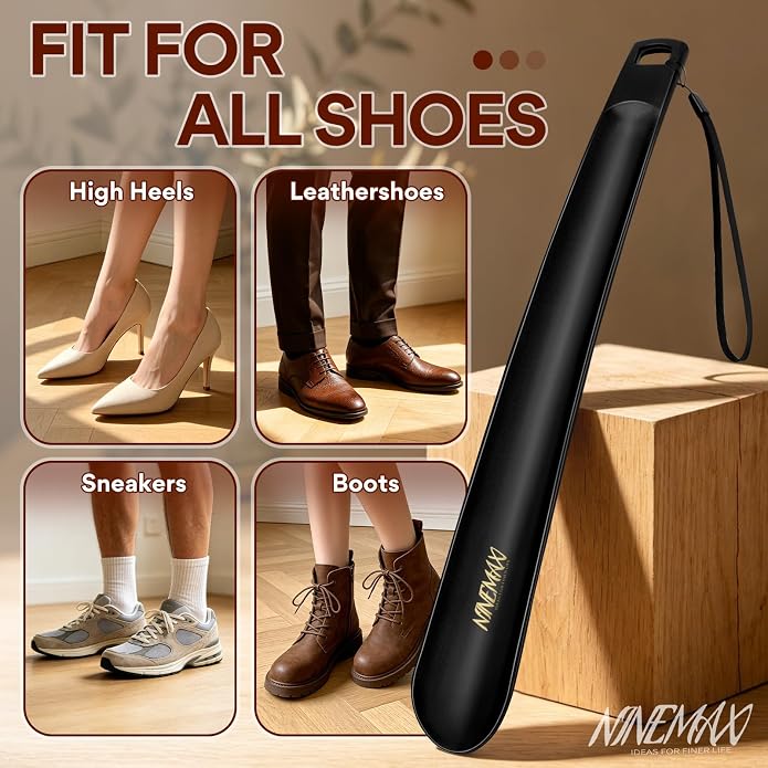 NINEMAX Plastic Shoe Horn Long Handle 16.5Inch, Long Shoehorn Sturdy for Senior Men Women with Hook